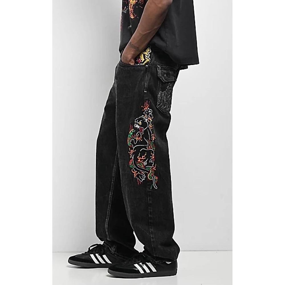 Ninth Hall Ambush Panther Embroidered Baggy Jeans Mens Size 34 Black Wash